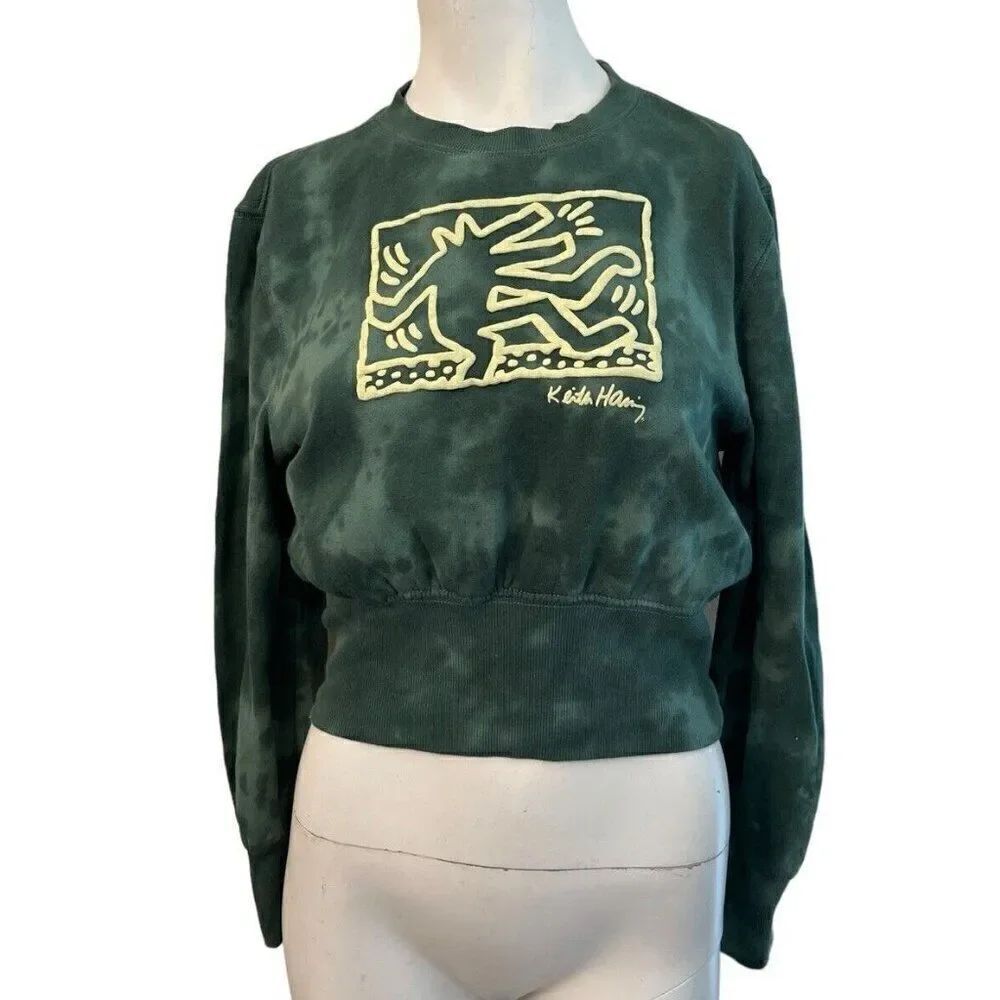 Juniors Medium Long Sleeve Crop Sweatshirt Tie Dye Dancing Dog Tribal Shirt